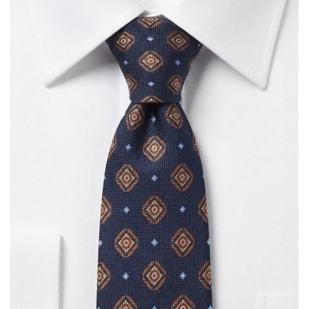 Isaia Napoli 7-Fold Silk Tie Navy Blue Copper Geometric Medallion Handmade Italy